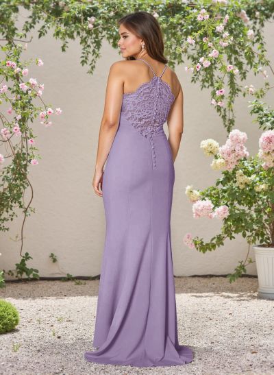 Flattering Trumpet Halter Elastic Satin Bridesmaid Dresses With Lace