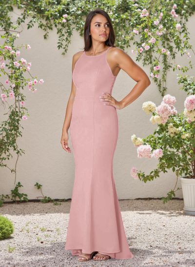 Flattering Trumpet Halter Elastic Satin Bridesmaid Dresses With Lace