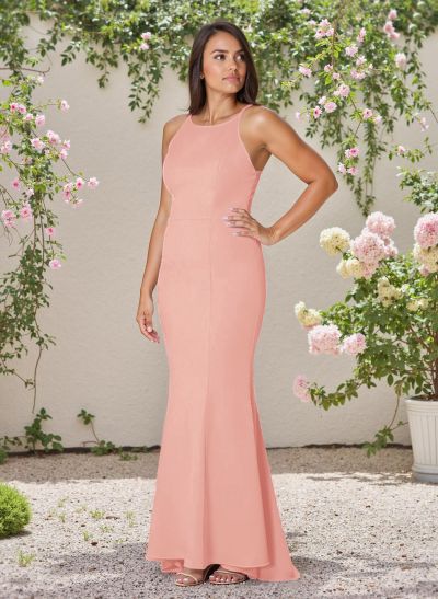 Flattering Trumpet Halter Elastic Satin Bridesmaid Dresses With Lace