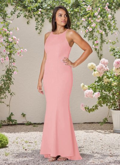 Flattering Trumpet Halter Elastic Satin Bridesmaid Dresses With Lace
