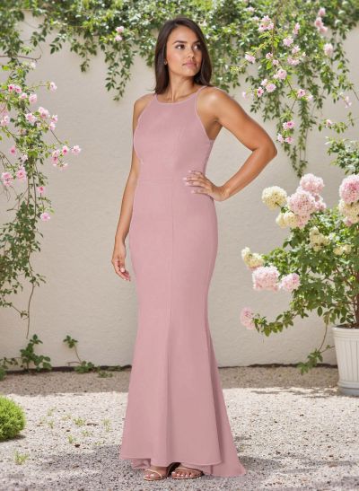 Flattering Trumpet Halter Elastic Satin Bridesmaid Dresses With Lace