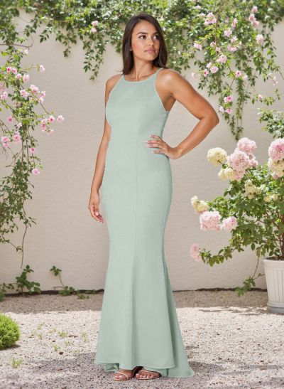 Flattering Trumpet Halter Elastic Satin Bridesmaid Dresses With Lace