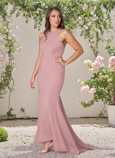 Flattering Trumpet Scoop Neck Elastic Satin Bridesmaid Dresses With Criss Cross Back