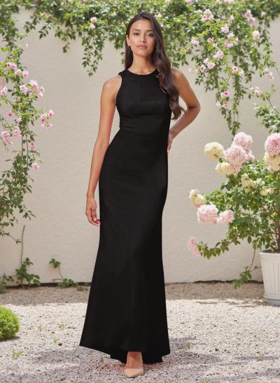 Classic Trumpet Scoop Neck Sleeveless Elastic Satin Bridesmaid Dresses With Criss Cross Back