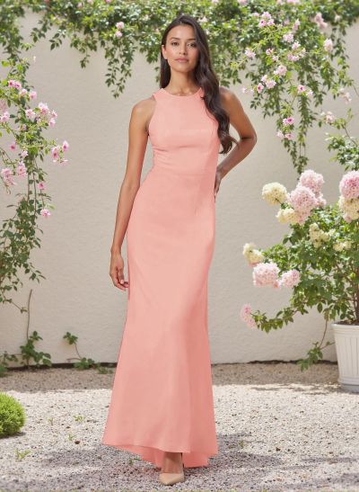 Classic Trumpet Scoop Neck Sleeveless Elastic Satin Bridesmaid Dresses With Criss Cross Back