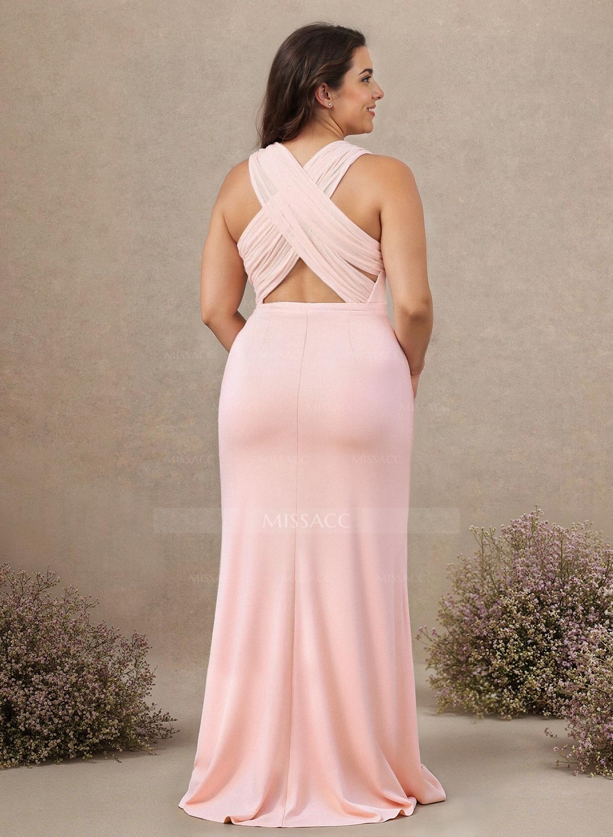 Classic Trumpet Scoop Neck Sleeveless Elastic Satin Bridesmaid Dresses With Criss Cross Back