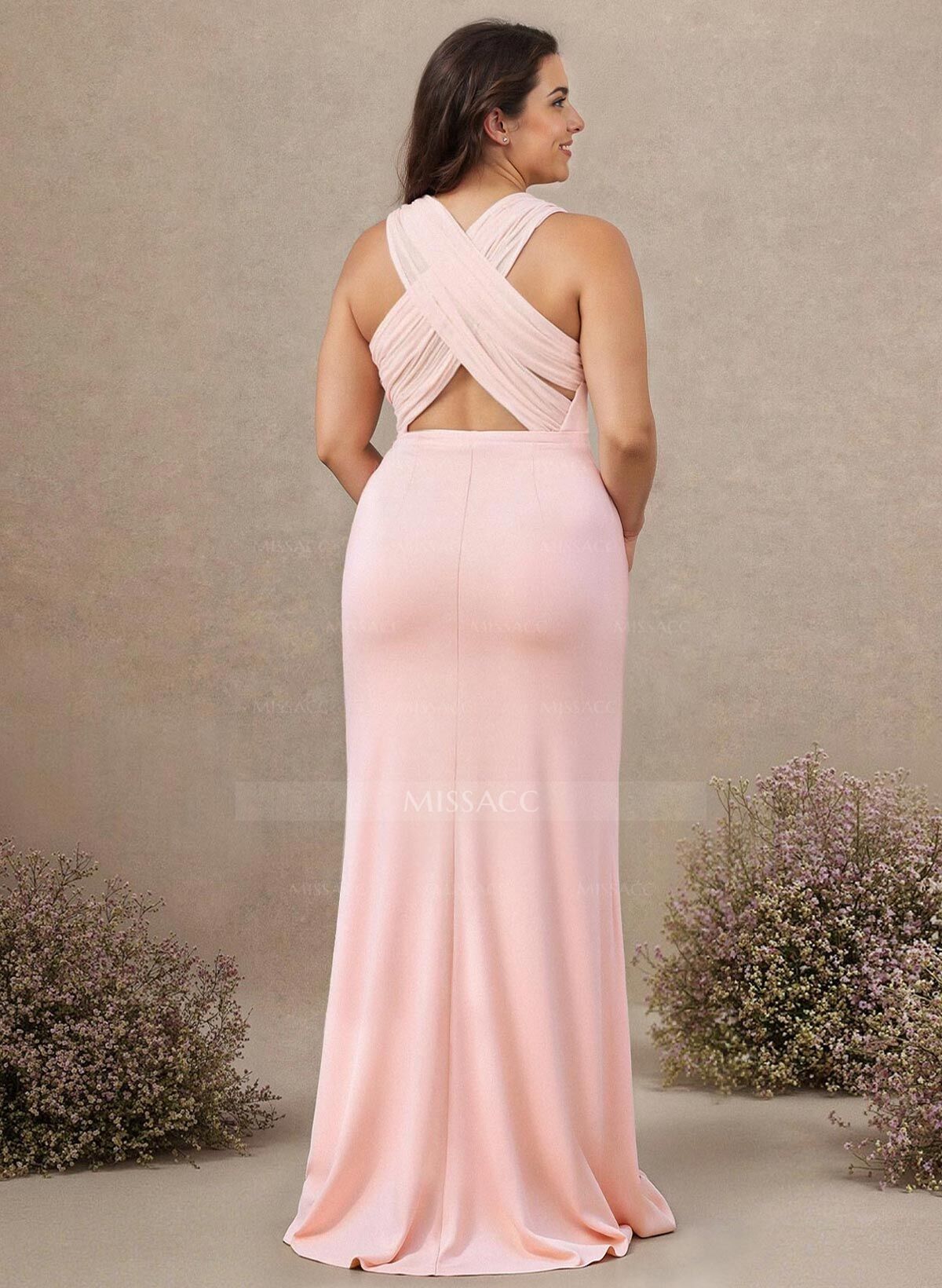 Classic Trumpet Scoop Neck Sleeveless Elastic Satin Bridesmaid Dresses With Criss Cross Back