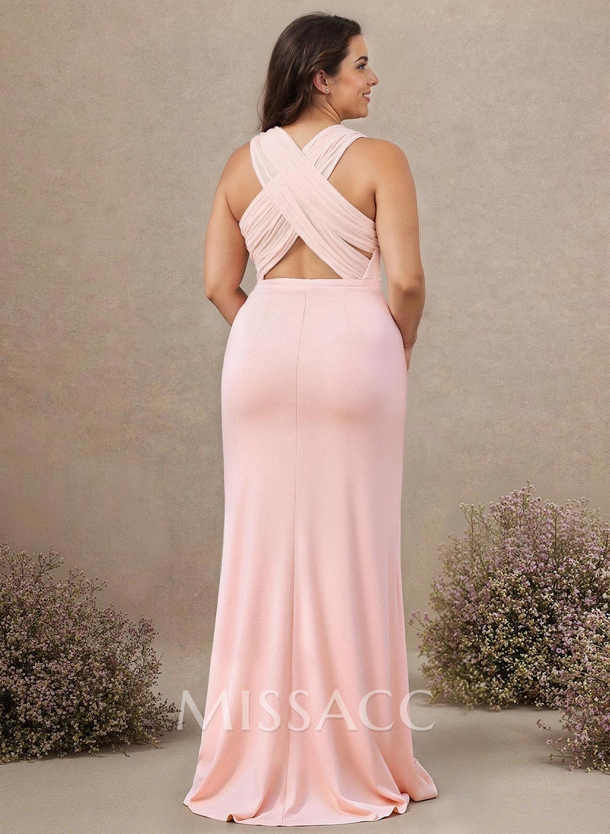 Classic Trumpet Scoop Neck Sleeveless Elastic Satin Bridesmaid Dresses With Criss Cross Back