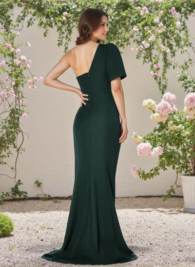 Modest Trumpet One-Shoulder Elastic Satin Bridesmaid Dresses With High Split