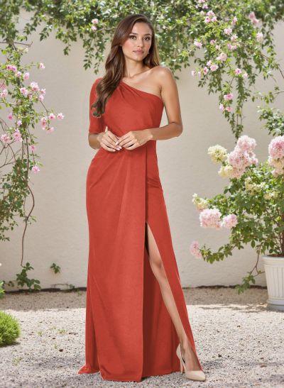 Modest Trumpet One-Shoulder Elastic Satin Bridesmaid Dresses With High Split