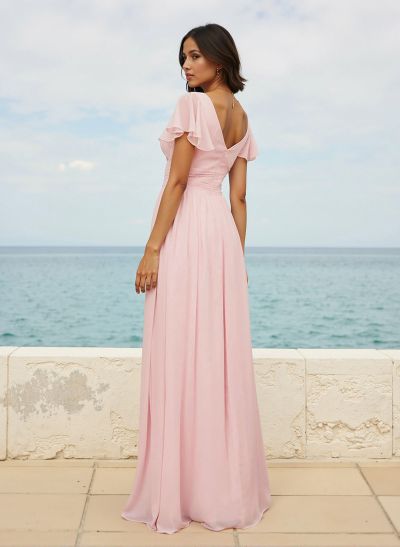 Classy A-Line V-Neck Flutter Sleeve Chiffon Bridesmaid Dresses