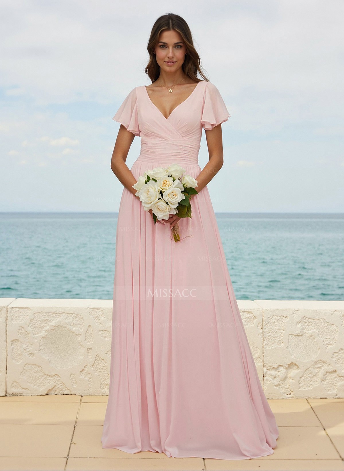 Classy A-Line V-Neck Flutter Sleeve Chiffon Bridesmaid Dresses