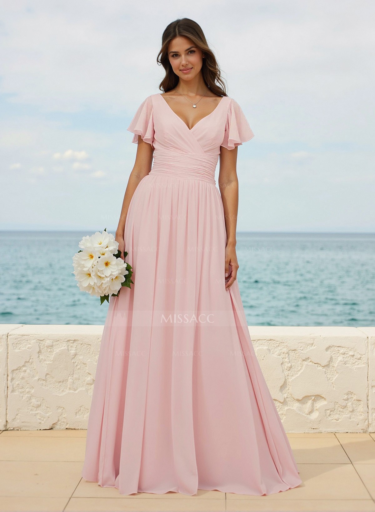 Classy A-Line V-Neck Flutter Sleeve Chiffon Bridesmaid Dresses