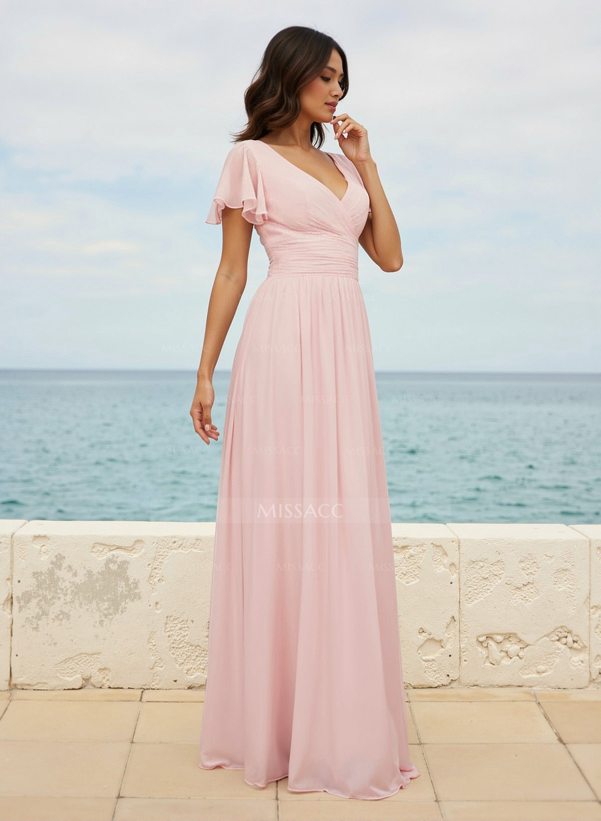 Classy A-Line V-Neck Flutter Sleeve Chiffon Bridesmaid Dresses