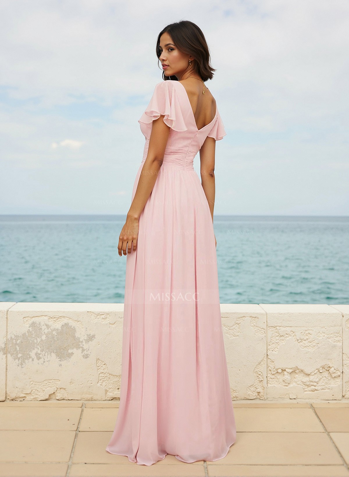 Classy A-Line V-Neck Flutter Sleeve Chiffon Bridesmaid Dresses