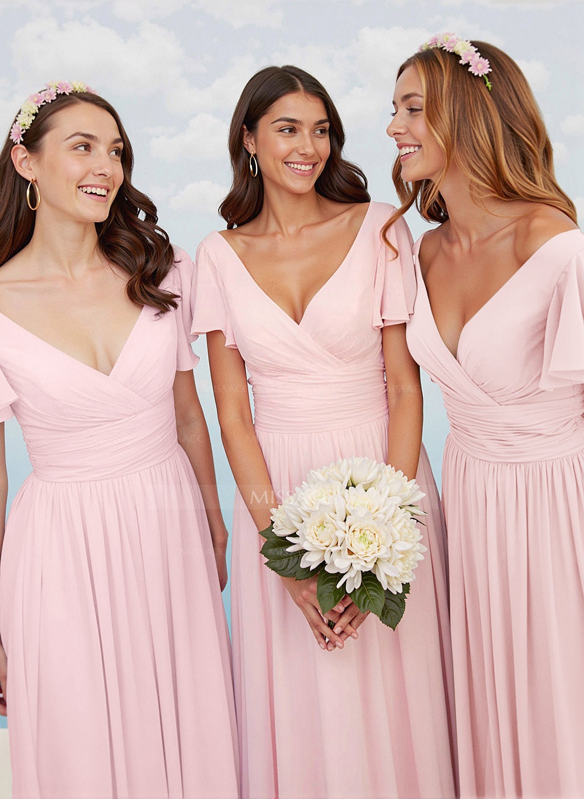 Classy A-Line V-Neck Flutter Sleeve Chiffon Bridesmaid Dresses