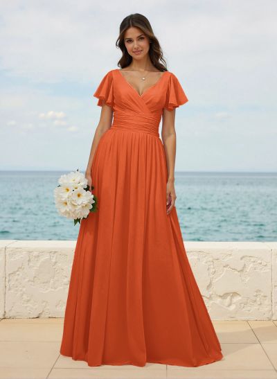 Classy A-Line V-Neck Flutter Sleeve Chiffon Bridesmaid Dresses
