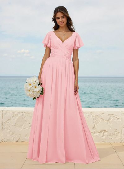 Classy A-Line V-Neck Flutter Sleeve Chiffon Bridesmaid Dresses