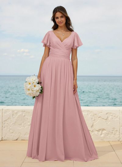 Classy A-Line V-Neck Flutter Sleeve Chiffon Bridesmaid Dresses
