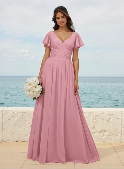 Classy A-Line V-Neck Flutter Sleeve Chiffon Bridesmaid Dresses