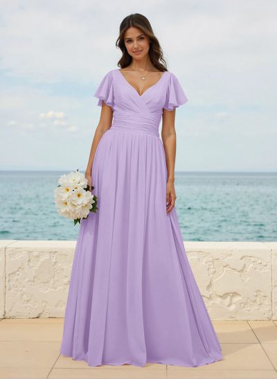 Classy A-Line V-Neck Flutter Sleeve Chiffon Bridesmaid Dresses