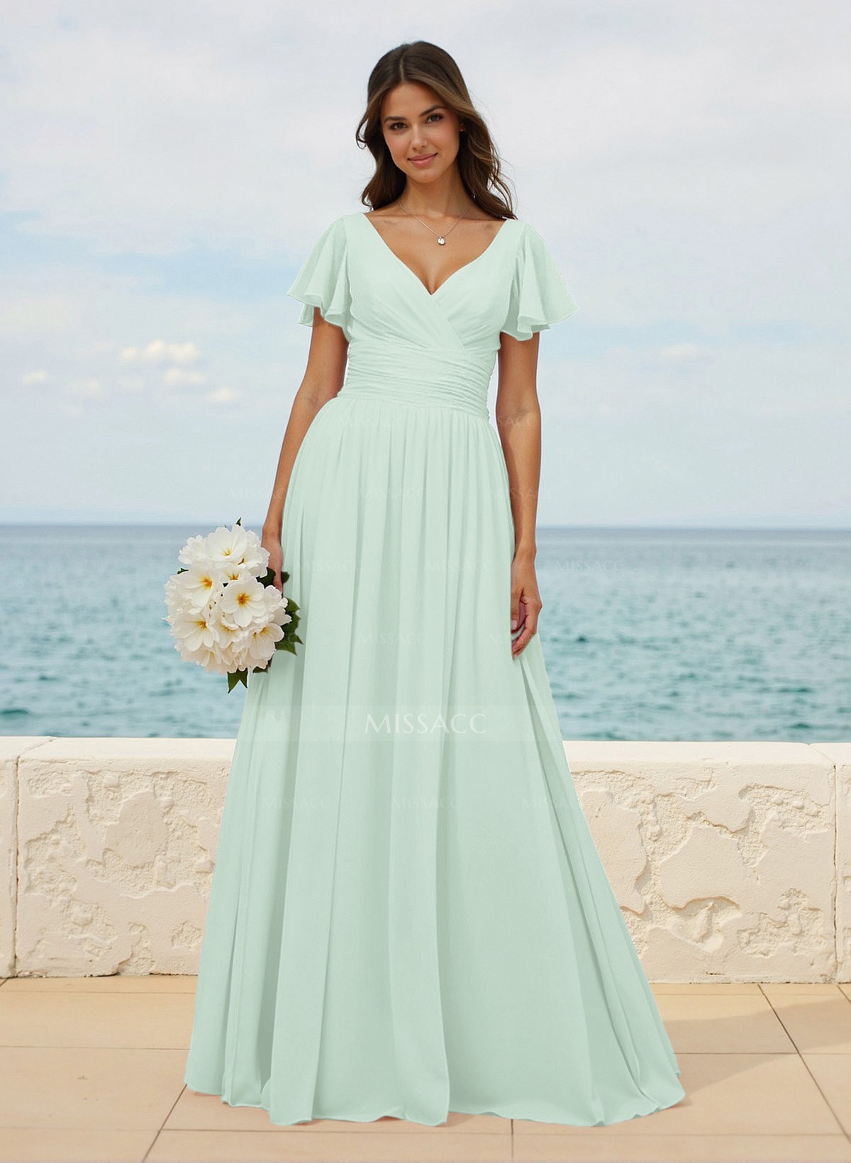 Classy A-Line V-Neck Flutter Sleeve Chiffon Bridesmaid Dresses