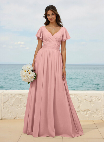 Classy A-Line V-Neck Flutter Sleeve Chiffon Bridesmaid Dresses