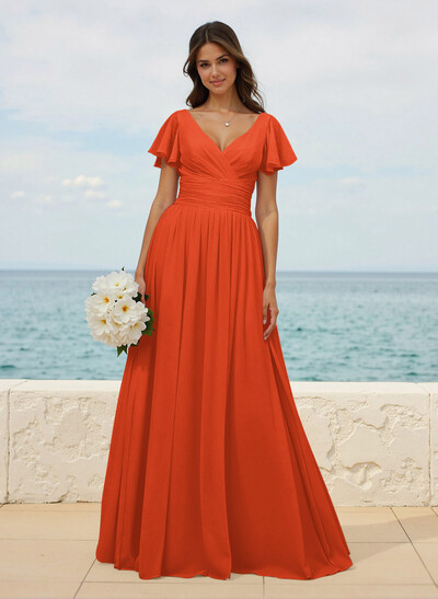 Classy A-Line V-Neck Flutter Sleeve Chiffon Bridesmaid Dresses