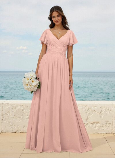 Classy A-Line V-Neck Flutter Sleeve Chiffon Bridesmaid Dresses