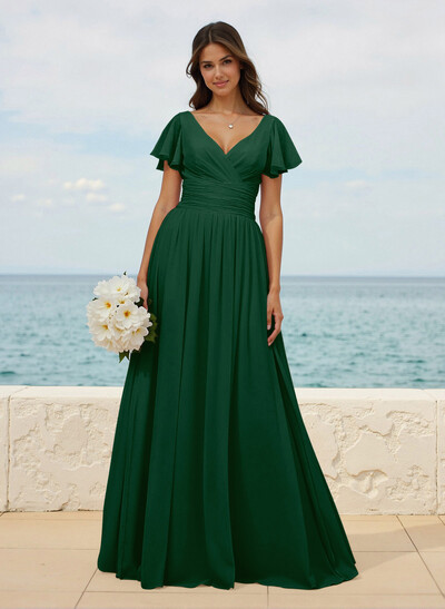 Classy A-Line V-Neck Flutter Sleeve Chiffon Bridesmaid Dresses