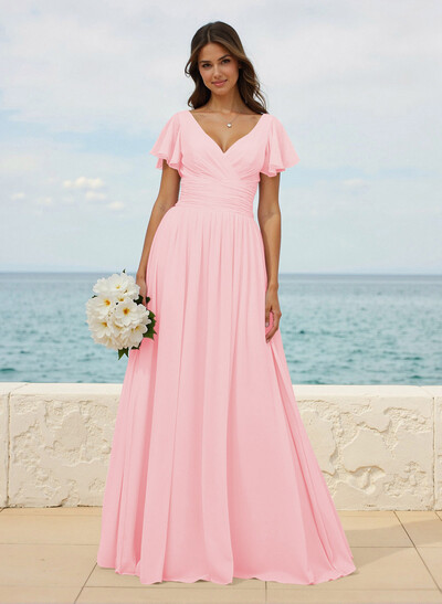 Classy A-Line V-Neck Flutter Sleeve Chiffon Bridesmaid Dresses