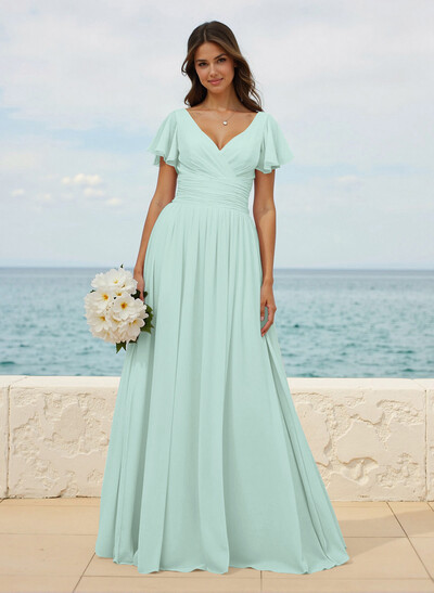 Classy A-Line V-Neck Flutter Sleeve Chiffon Bridesmaid Dresses