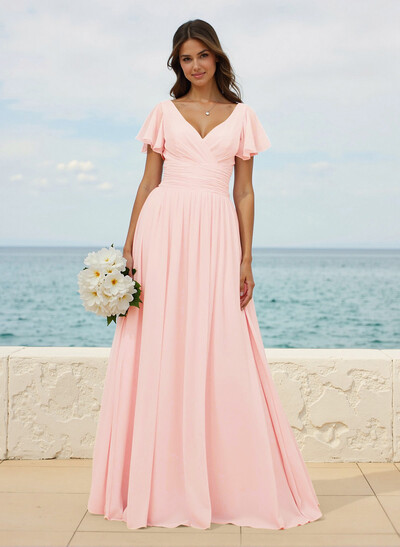 Classy A-Line V-Neck Flutter Sleeve Chiffon Bridesmaid Dresses