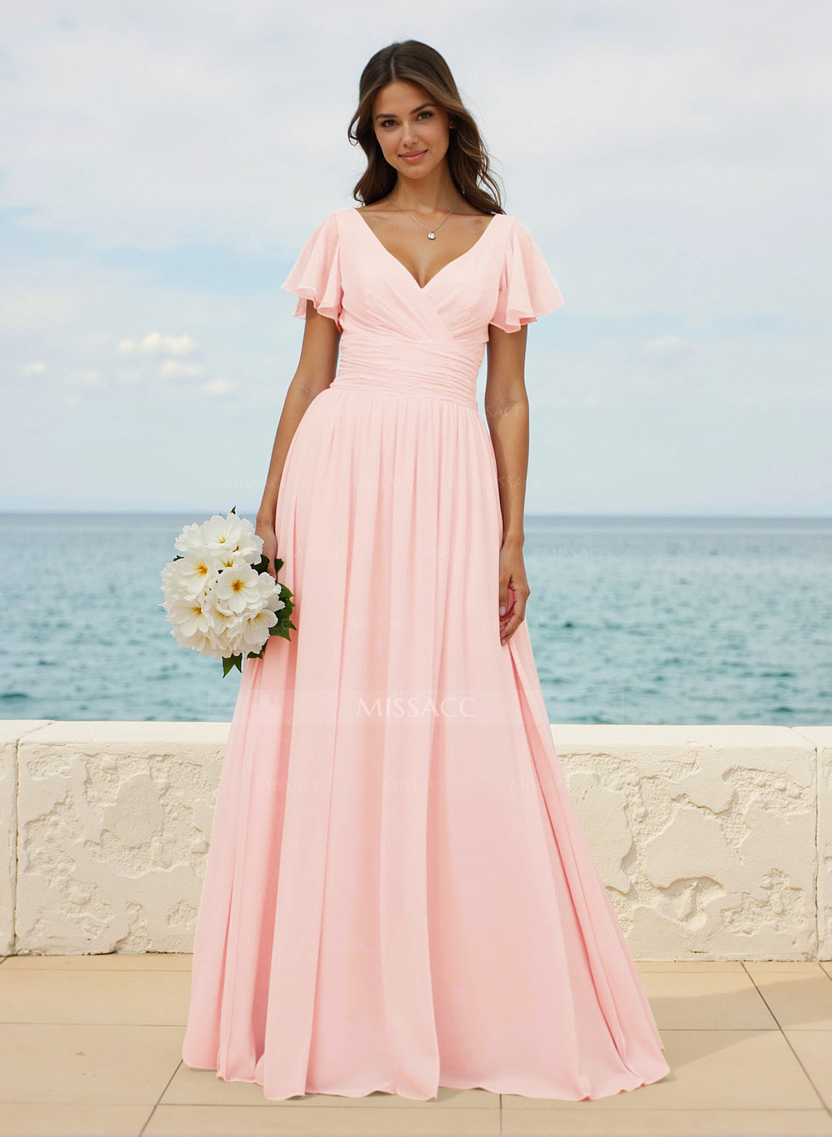 Classy A-Line V-Neck Flutter Sleeve Chiffon Bridesmaid Dresses