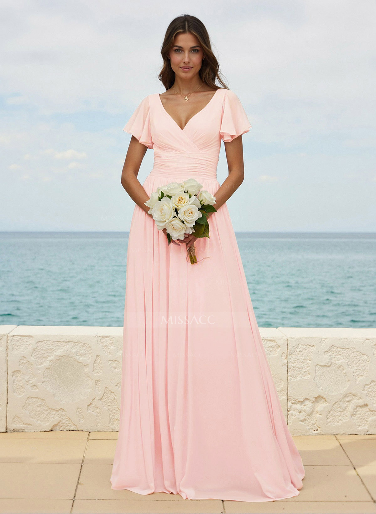 Classy A-Line V-Neck Flutter Sleeve Chiffon Bridesmaid Dresses