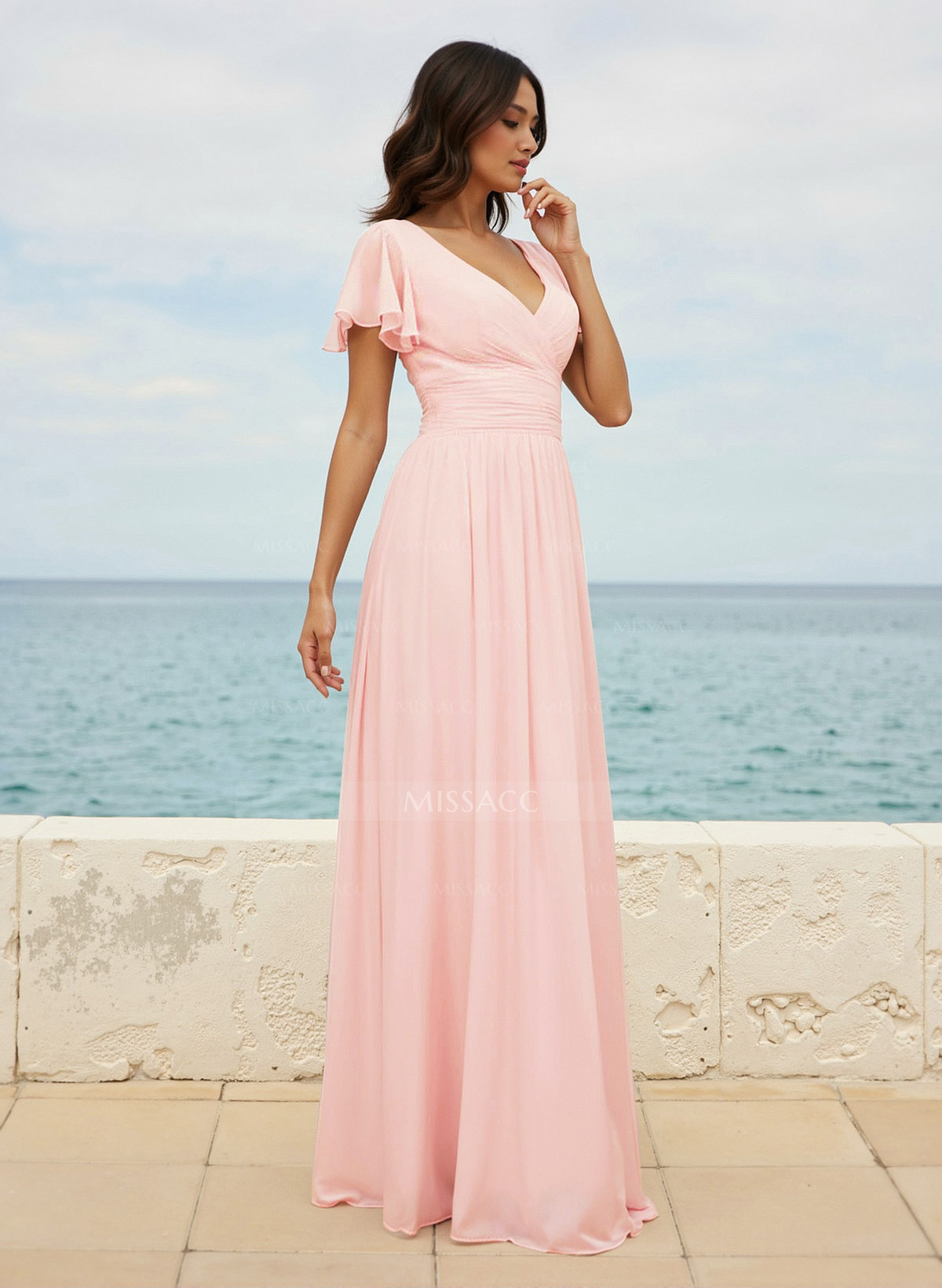 Classy A-Line V-Neck Flutter Sleeve Chiffon Bridesmaid Dresses