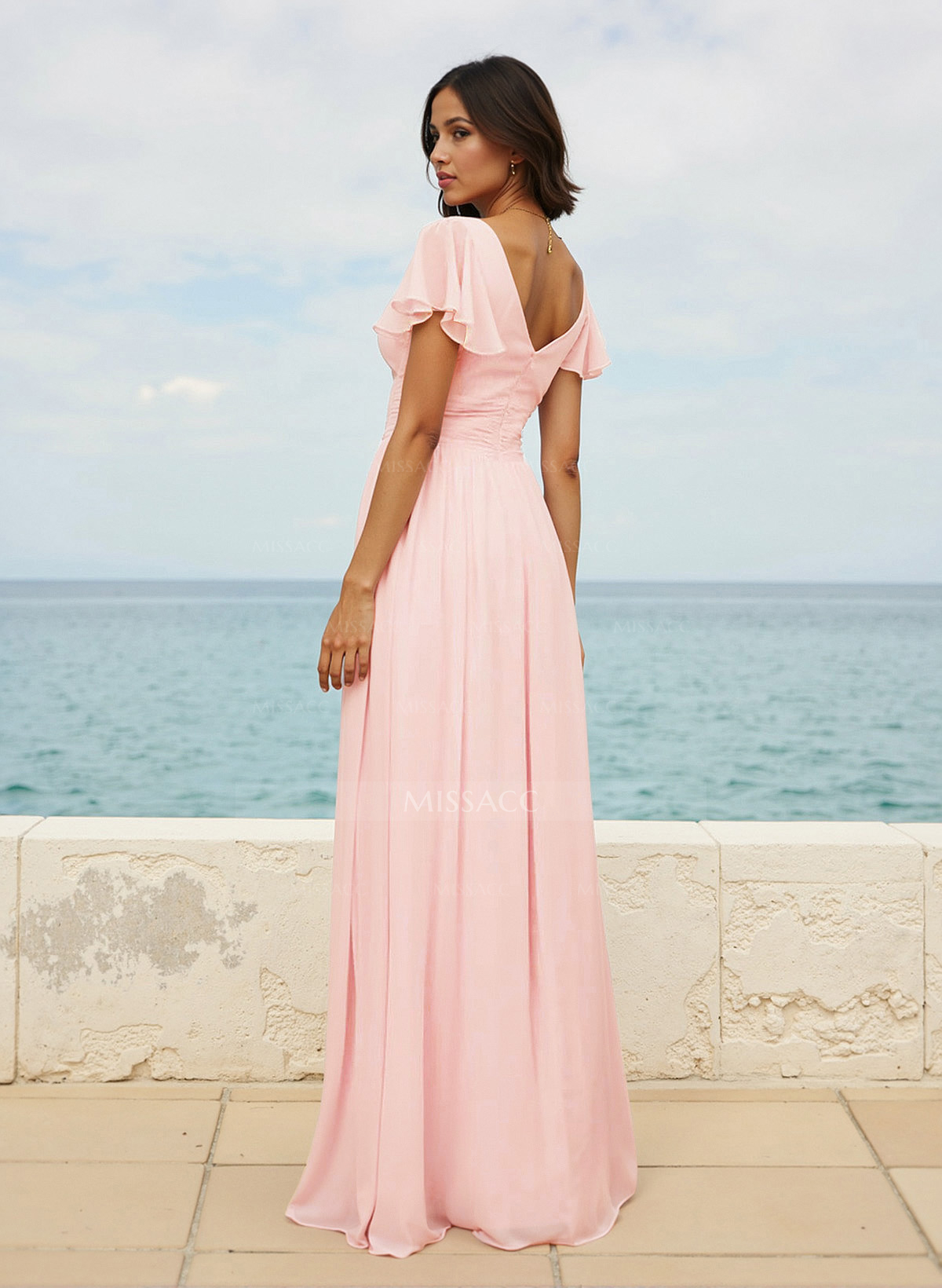 Classy A-Line V-Neck Flutter Sleeve Chiffon Bridesmaid Dresses