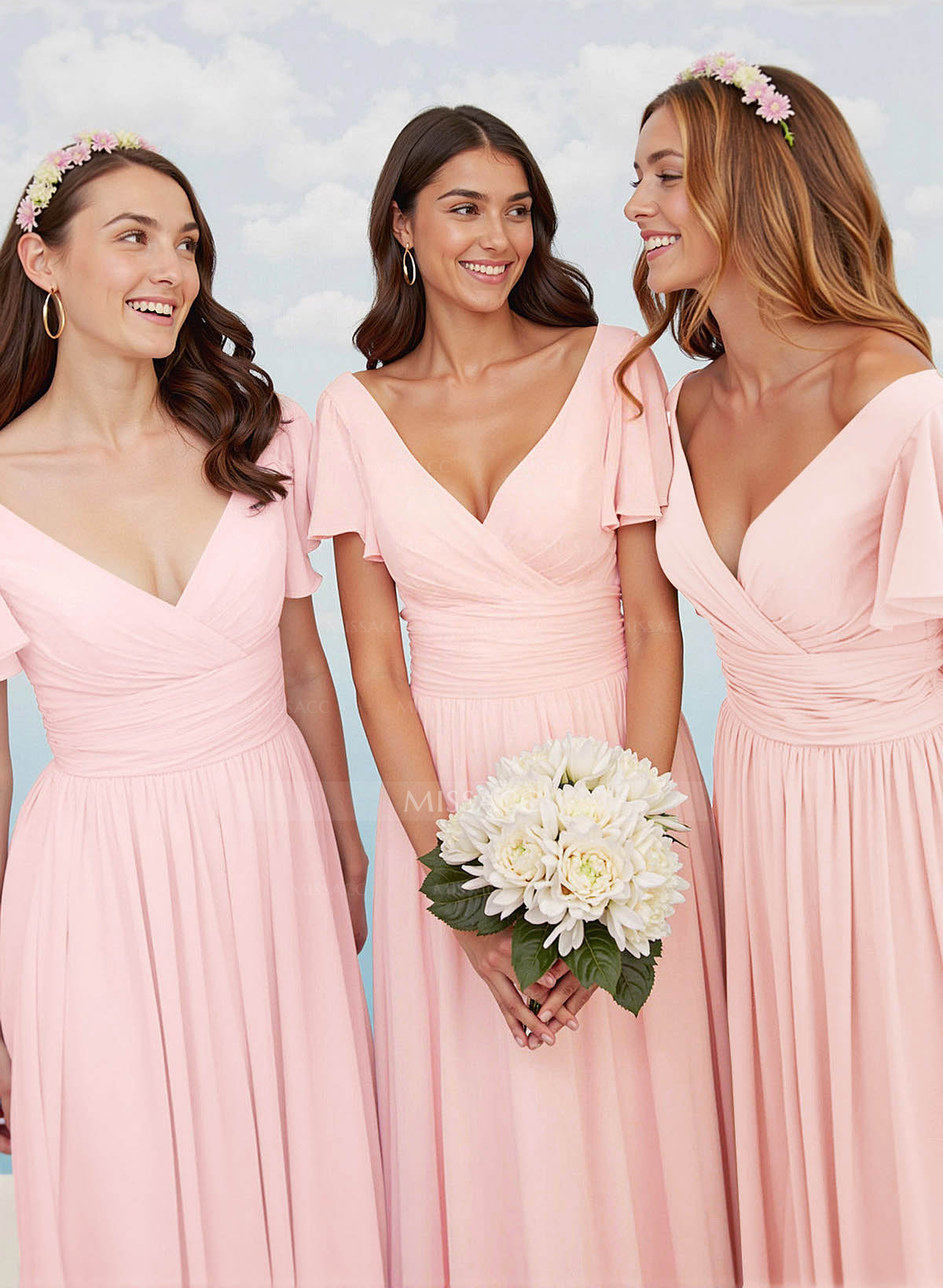 Classy A-Line V-Neck Flutter Sleeve Chiffon Bridesmaid Dresses