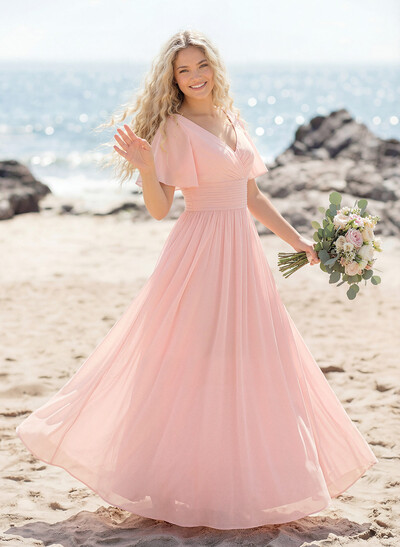 Classy A-Line V-Neck Flutter Sleeve Chiffon Bridesmaid Dresses