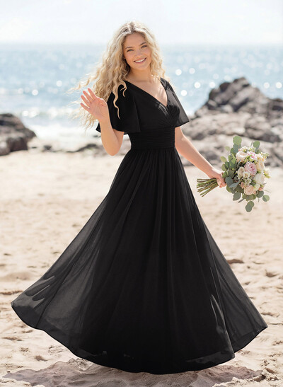 Classy A-Line V-Neck Flutter Sleeve Chiffon Bridesmaid Dresses