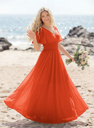 Classy A-Line V-Neck Flutter Sleeve Chiffon Bridesmaid Dresses