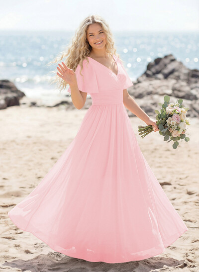 Classy A-Line V-Neck Flutter Sleeve Chiffon Bridesmaid Dresses