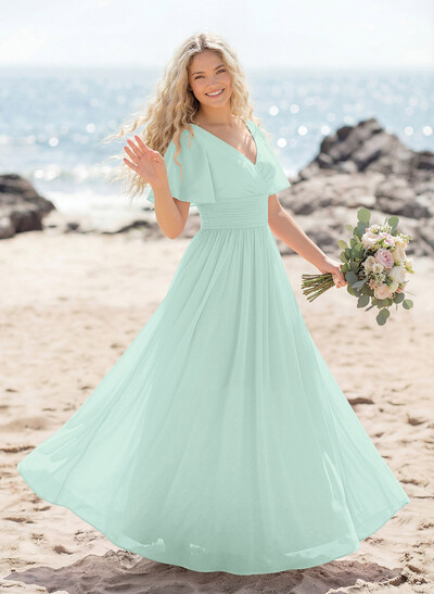 Classy A-Line V-Neck Flutter Sleeve Chiffon Bridesmaid Dresses