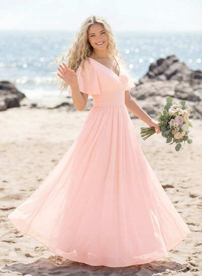 Classy A-Line V-Neck Flutter Sleeve Chiffon Bridesmaid Dresses