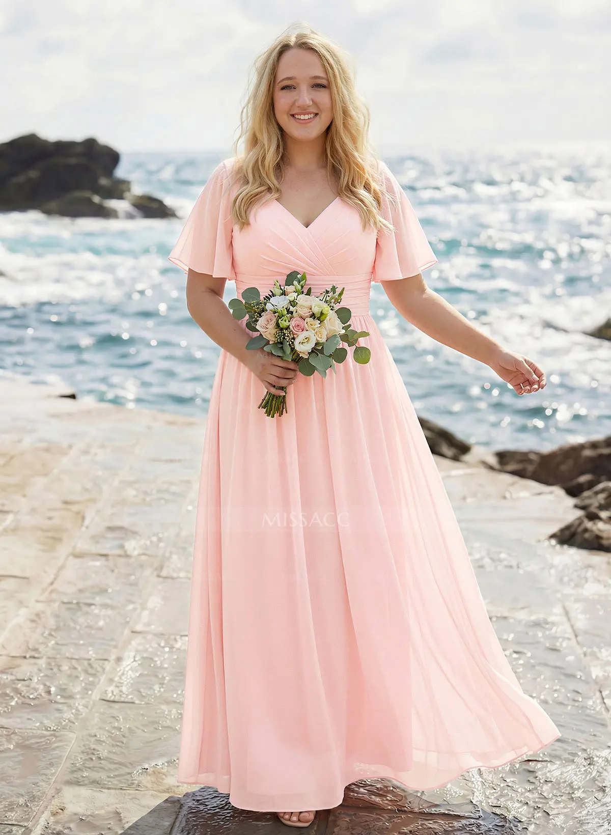 Classy A-Line V-Neck Flutter Sleeve Chiffon Bridesmaid Dresses - Missacc