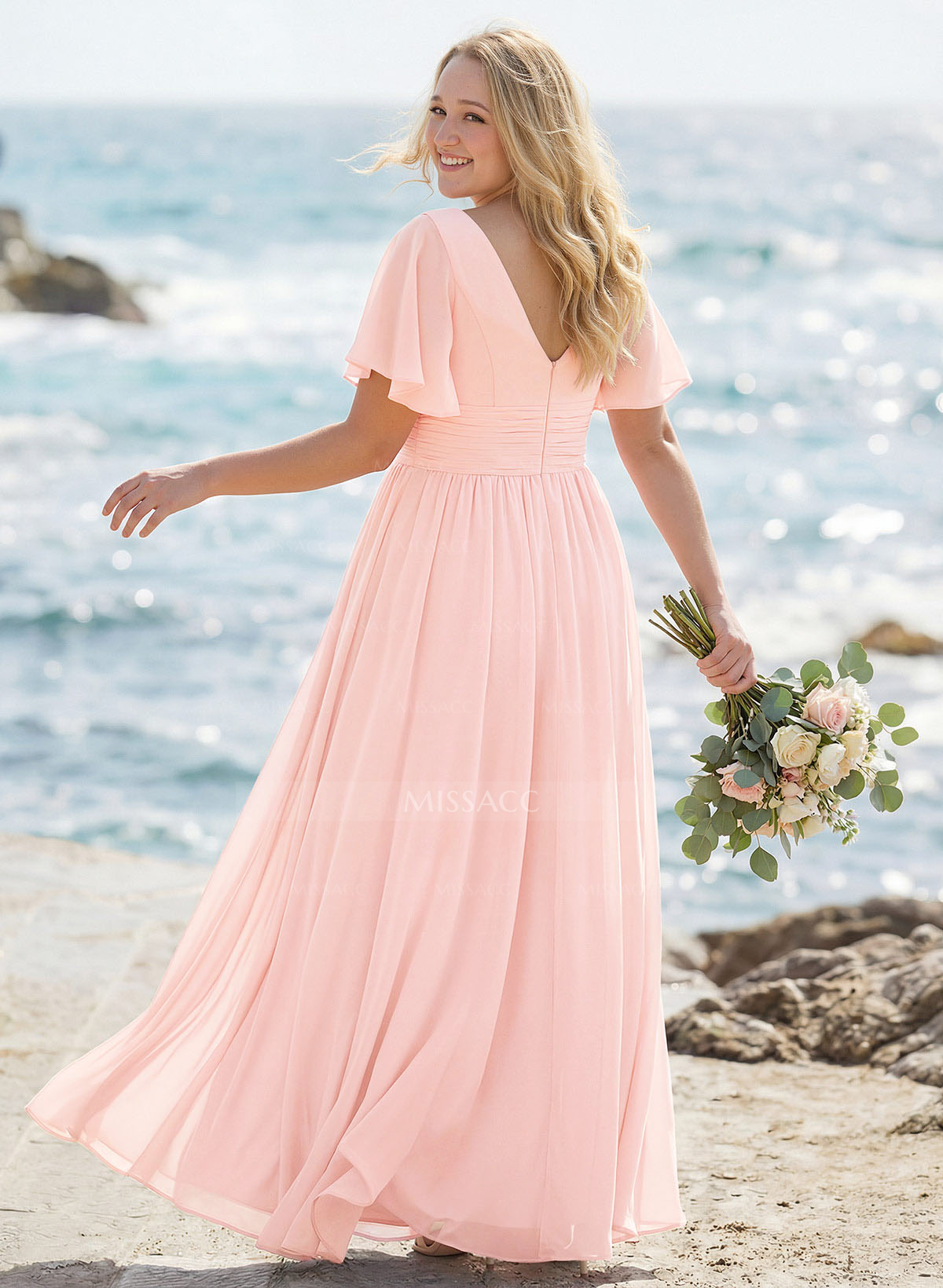 Classy A-Line V-Neck Flutter Sleeve Chiffon Bridesmaid Dresses