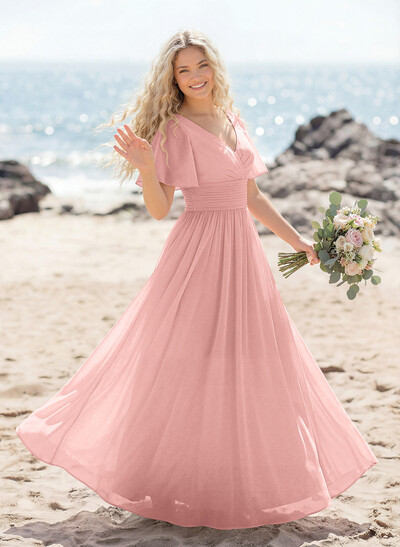 Classy A-Line V-Neck Flutter Sleeve Chiffon Bridesmaid Dresses
