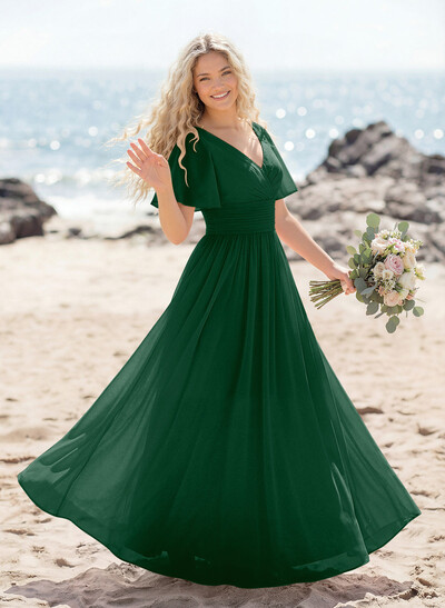 Classy A-Line V-Neck Flutter Sleeve Chiffon Bridesmaid Dresses
