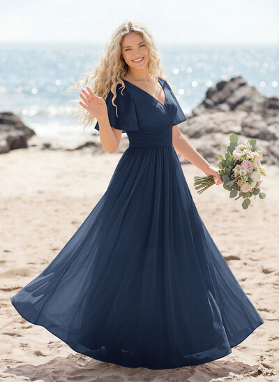 Classy A-Line V-Neck Flutter Sleeve Chiffon Bridesmaid Dresses