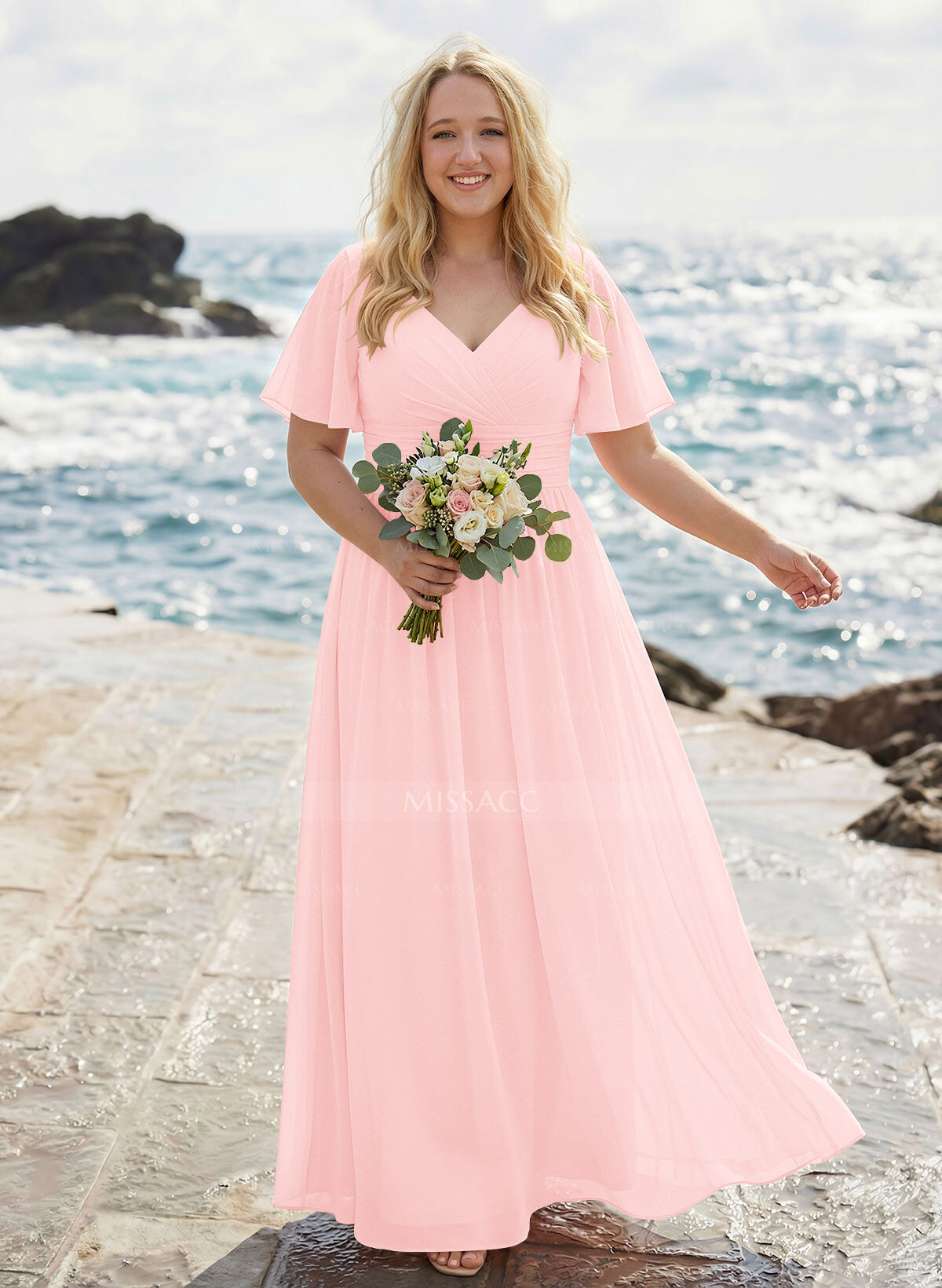 Classy A-Line V-Neck Flutter Sleeve Chiffon Bridesmaid Dresses